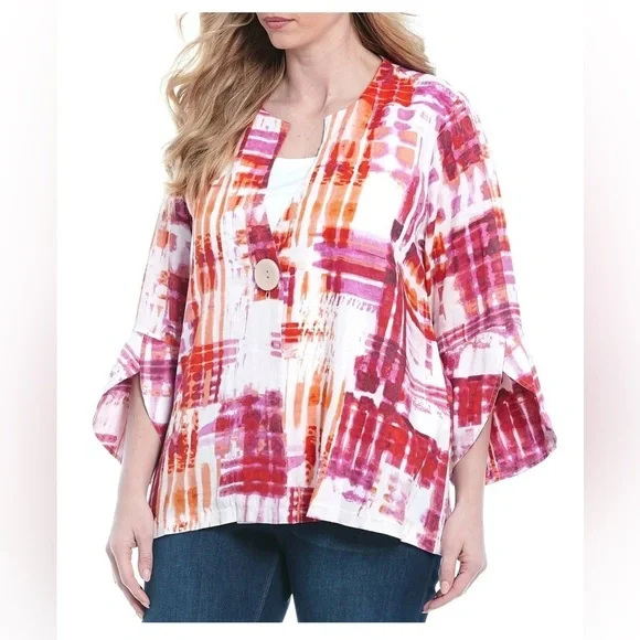NWT ALI MILES Pink Tie Dye Linen Button Blazer Jacket Tulip Sleeve Size 1X - Picture 1 of 16